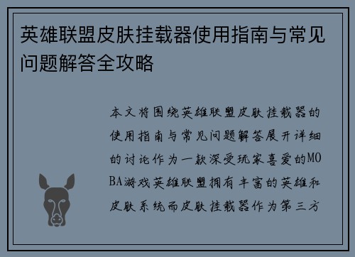 英雄联盟皮肤挂载器使用指南与常见问题解答全攻略
